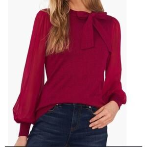 CeCe Sweater Top Sheer Chiffon Sleeves Tie Neck Pullover Pink NWT Medium